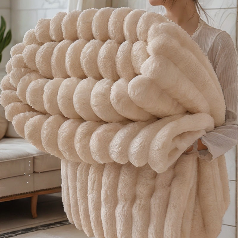 Plaid Rabbit Fur Throw Blanket Polyester Cozy Home Accessory