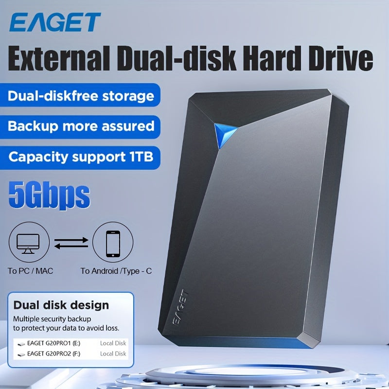 1TB Portable External Hard Drive USB 3.0 Dual-Disk Storage for PC Mac Gaming