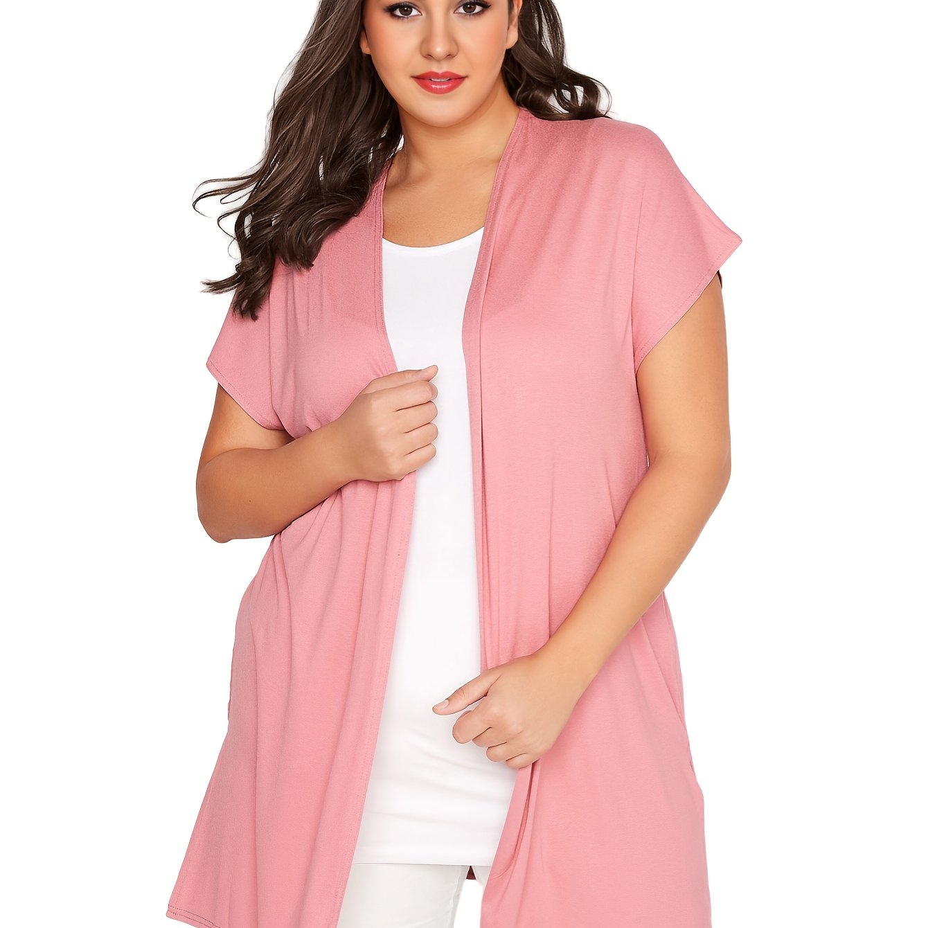 Plus o'lchamdagi ayollar uchun kundalik kardigan qisqa qo'lli va yon bo'laklar bilan