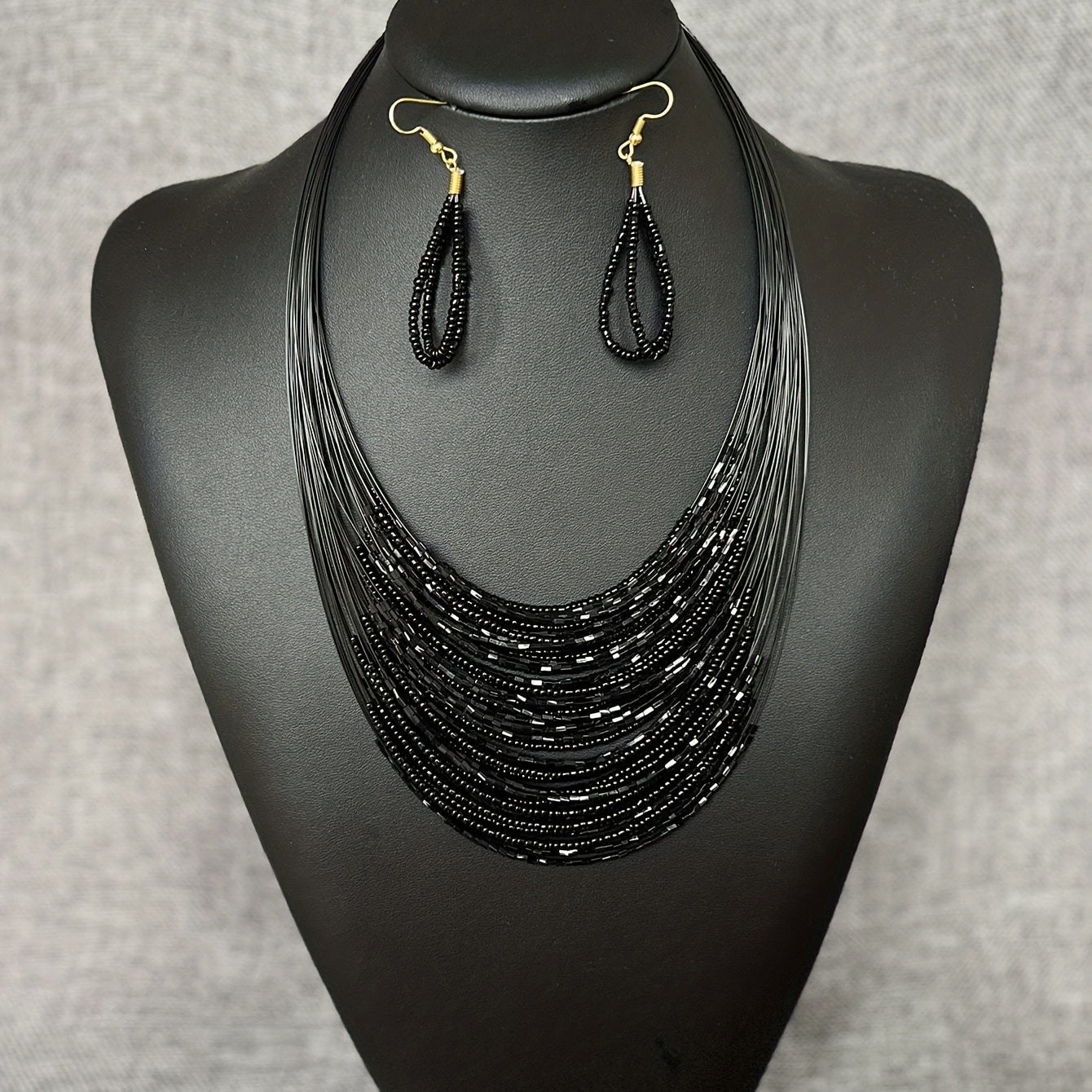 Set of Three Handmade Black Bead Earrings and Necklace Multi-Layer Jewelry