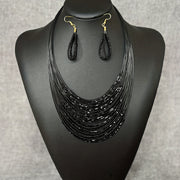 Set of Three Handmade Black Bead Earrings and Necklace Multi-Layer Jewelry