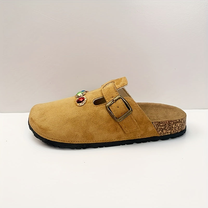 Women's Slip-On Mules Fabric Casual Loafers with Adjustable Straps and Gemstone Accents