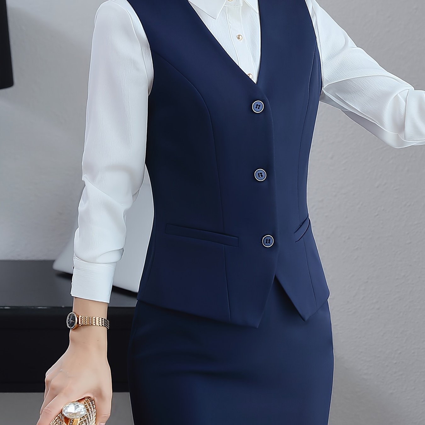Women's Sleeveless V-Neck Blazer with Tie Back Polyester Elastane Dark Blue