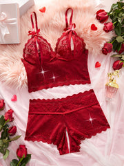 Xotinlar uchun Sevgi Kuni Dantelli Ichki Kiyim To'plami - Jozibador Kamonli Bralet va Ochiq Qorinli Ichki Kiyim, Yarim-Shaffof Nilon/Elastan Ichki Kiyim