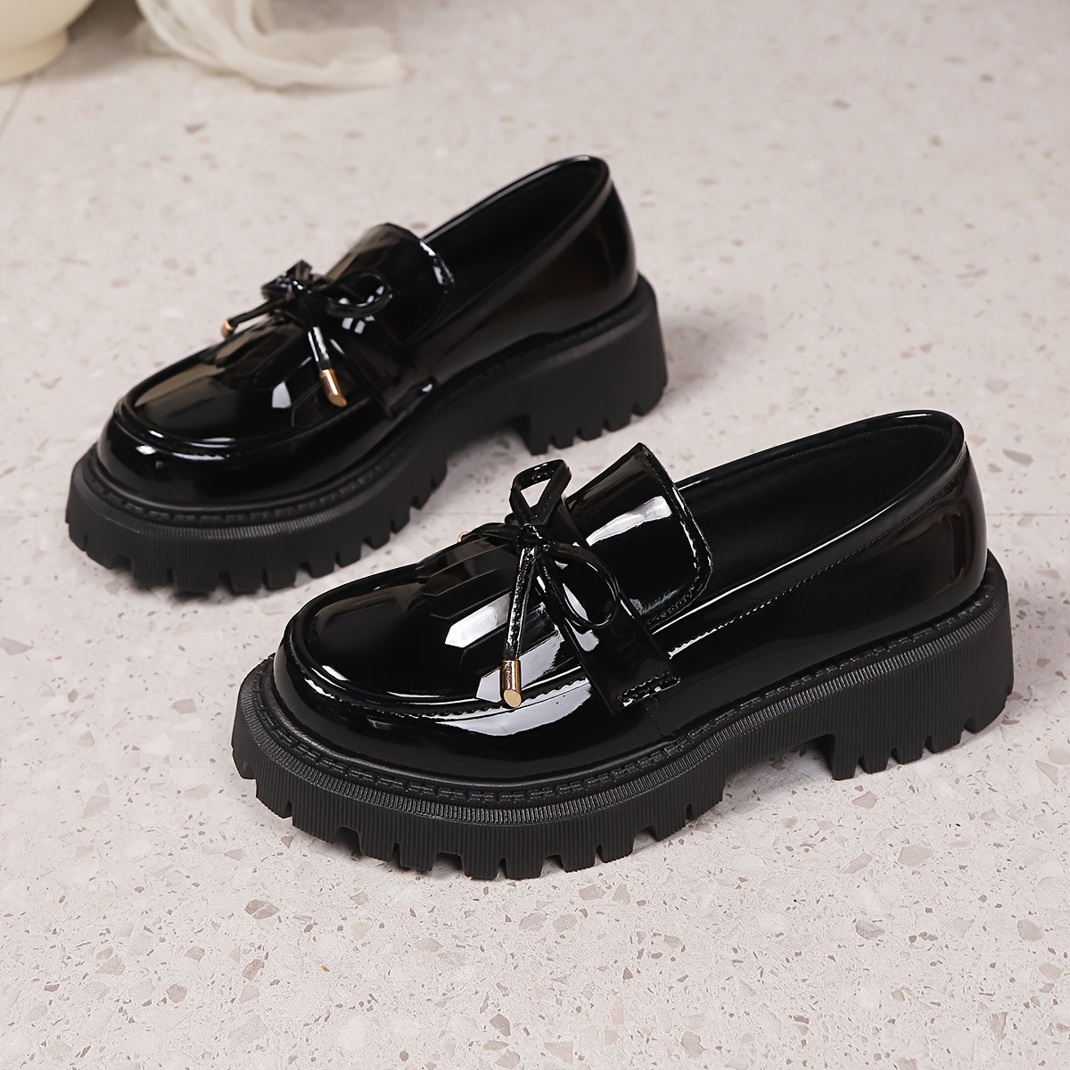Women Slip-On Loafers with Thick Platform Sole Black Bow Casual Shoes