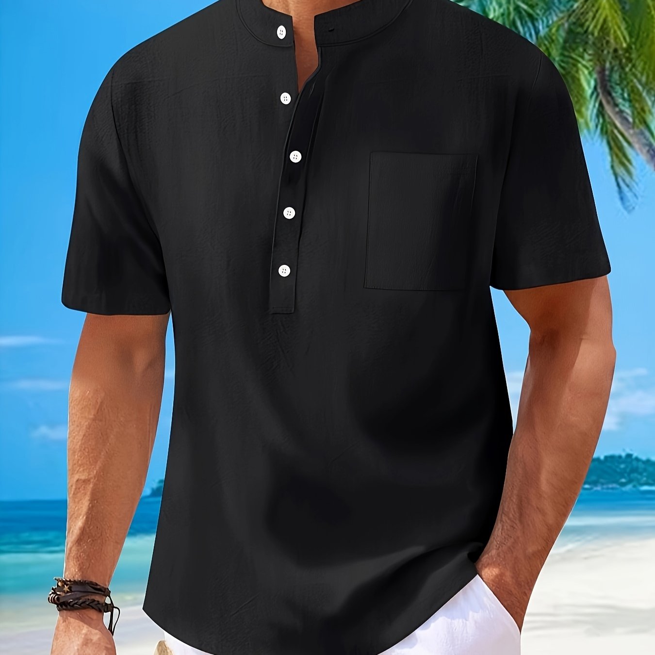 Men's Cotton Linen Henley Shirt with Mandarin Collar Short Sleeve Pocket Casual Spring Vacation