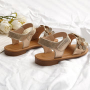 Girls Summer Sandals Floral Embroidery Breathable Light Brown Round Toe Hook-and-Loop Closure