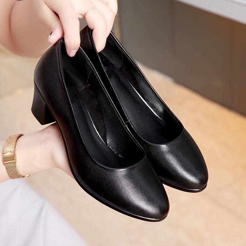 Women's Mid Heel Pumps Solid Black Round Toe Block Heel Dress Shoes