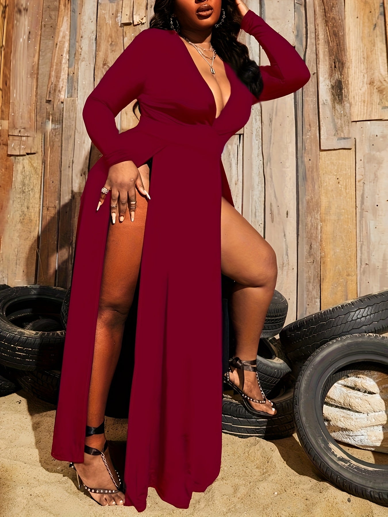 Plus Size Deep V High Slit Nightgown Sexy Home Dress