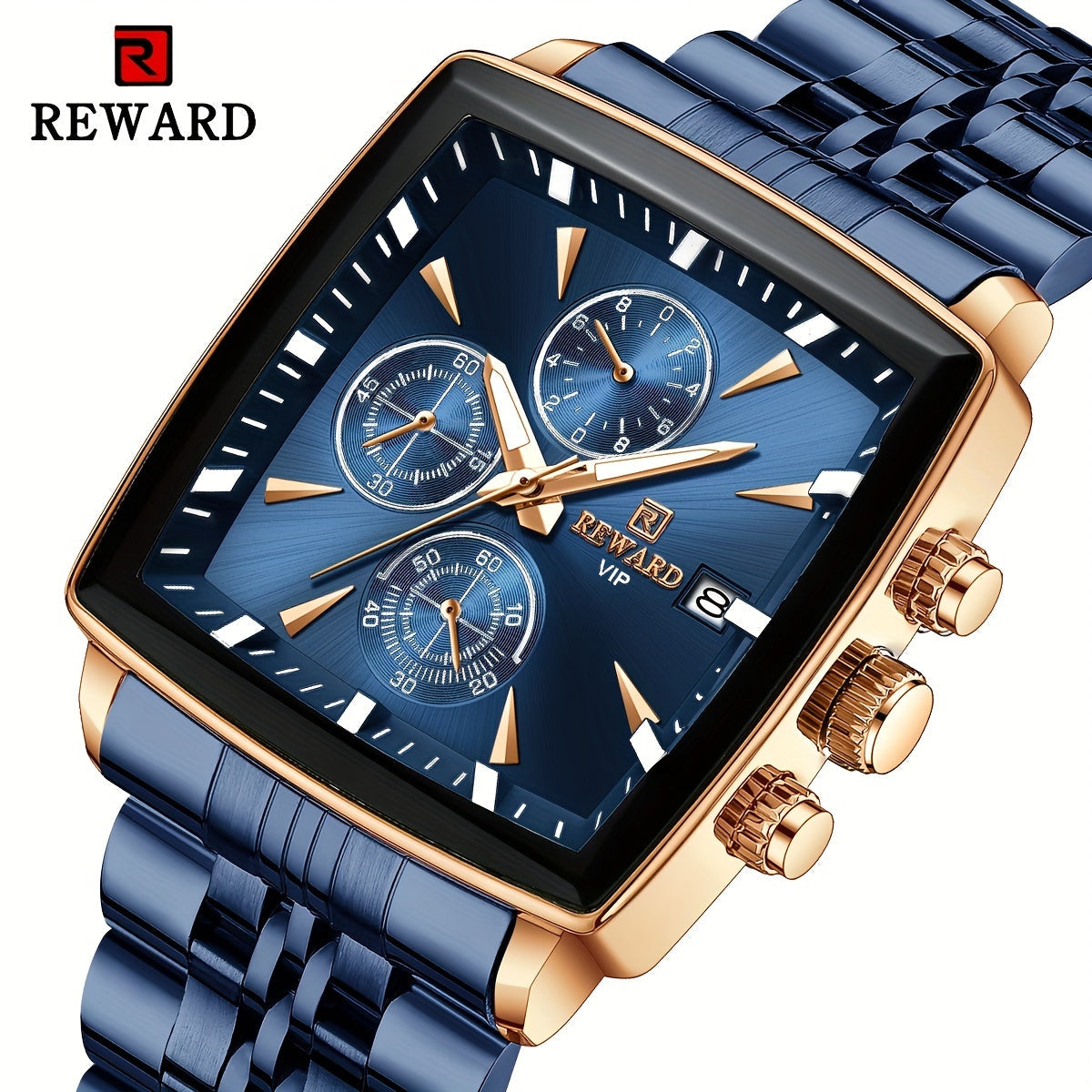 Men's Luxury Watch Blue Rectangle Quartz Wristwatch with Luminous Hands