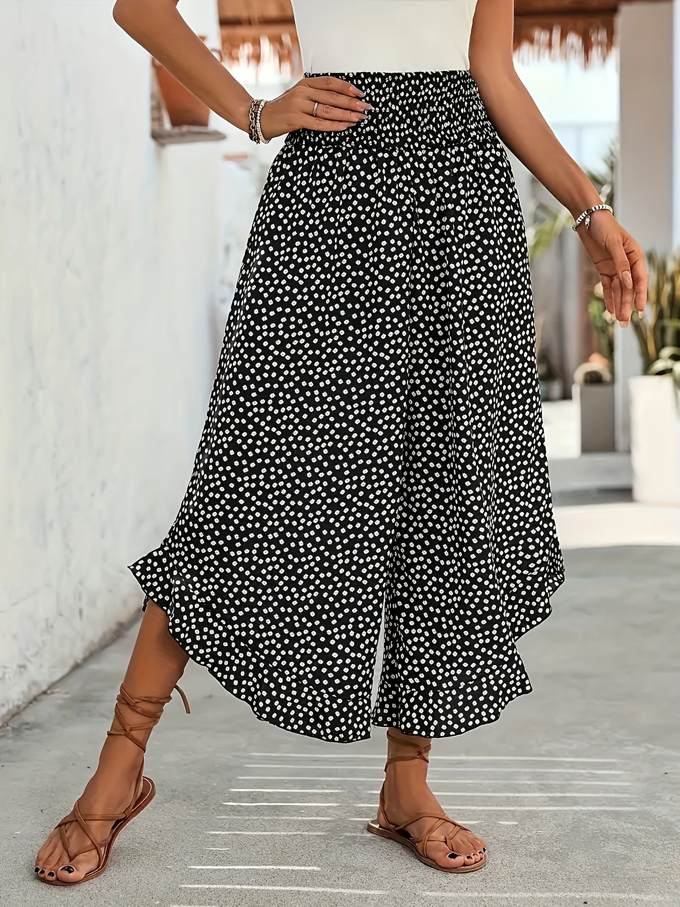 Women’s Summer Black Floral Wide-Leg Palazzo Pants Ruffle Detail Casual