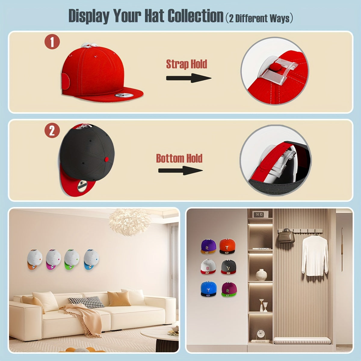 Perchero de pared para interior con ganchos adhesivos para exhibición y almacenamiento