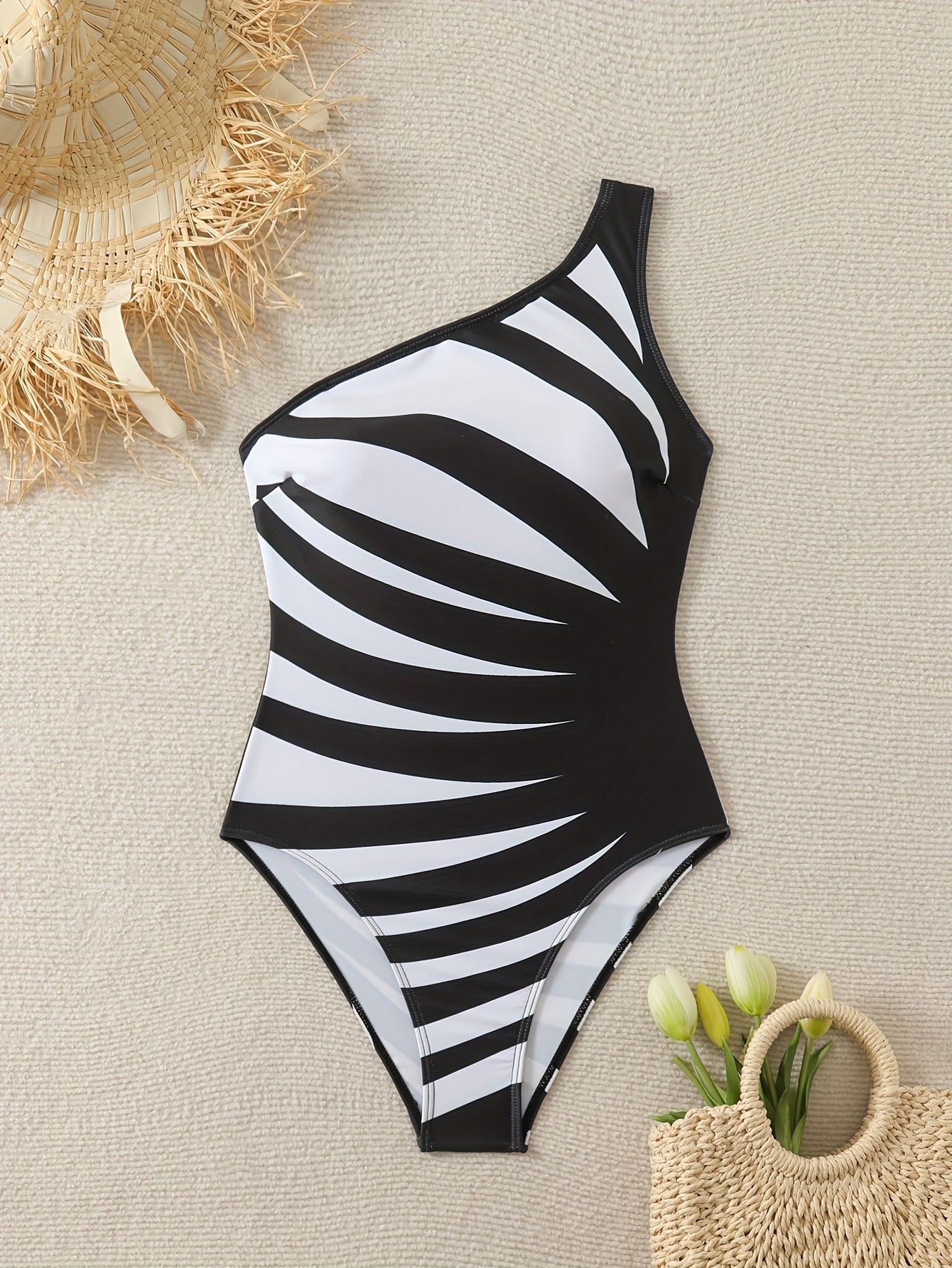 Women's One-Shoulder Striped Bodysuit Swimsuit with Removable Padding and Asymmetrical Design