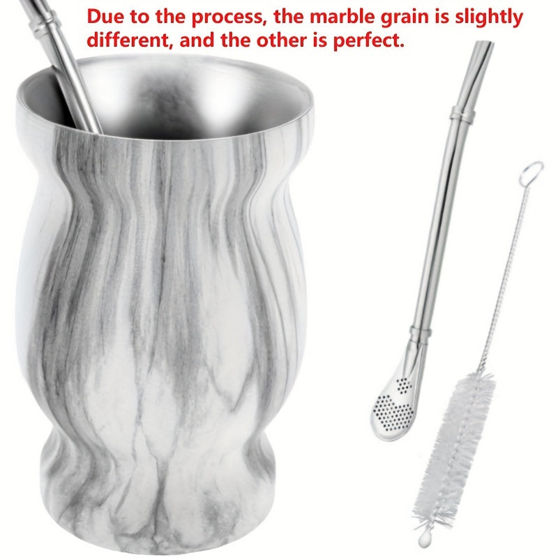 Set of 3 Stainless Steel Double-Walled Yerba Mate Cups with Straws 8oz Pink Marble