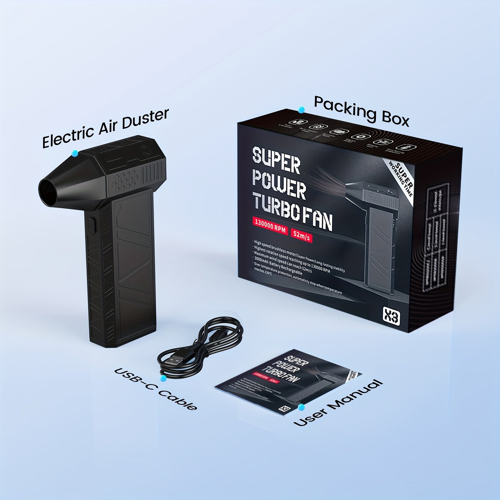 Black High-Speed Fan with 52 M/S Wind Speed and Brushless Motor