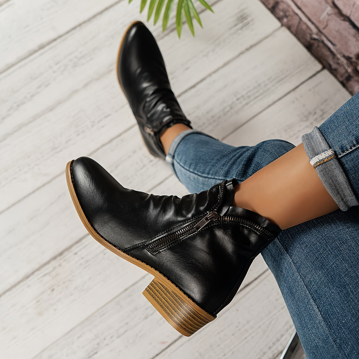 Women's Purple Ankle Boots with Side Zippers Chunky Heel All Seasons