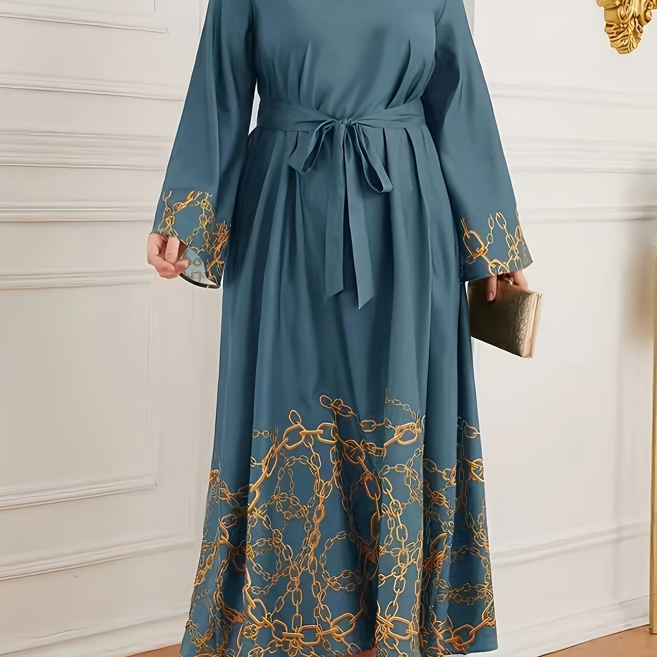 Women's A-Line Dress with Chain Print Crew Neck Long Sleeves Belt All-Season Polyester