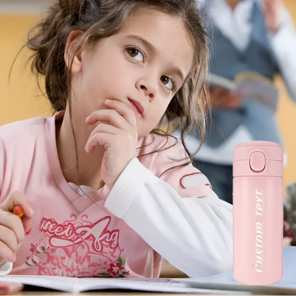 Maxsus lazer bilan o'yilgan matnli zanglamas po'latdan yasalgan suv shishasi, o'lchamlari 7-320ml/11-420ml, qulay foydalanish uchun ko'tariladigan qopqoq, sport va sayohat uchun ideal.