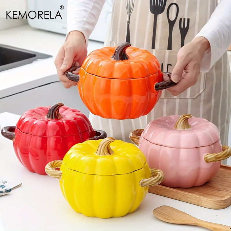 Olla de cerámica con forma de calabaza de 50oz con tapa para hornear, servir y almacenar