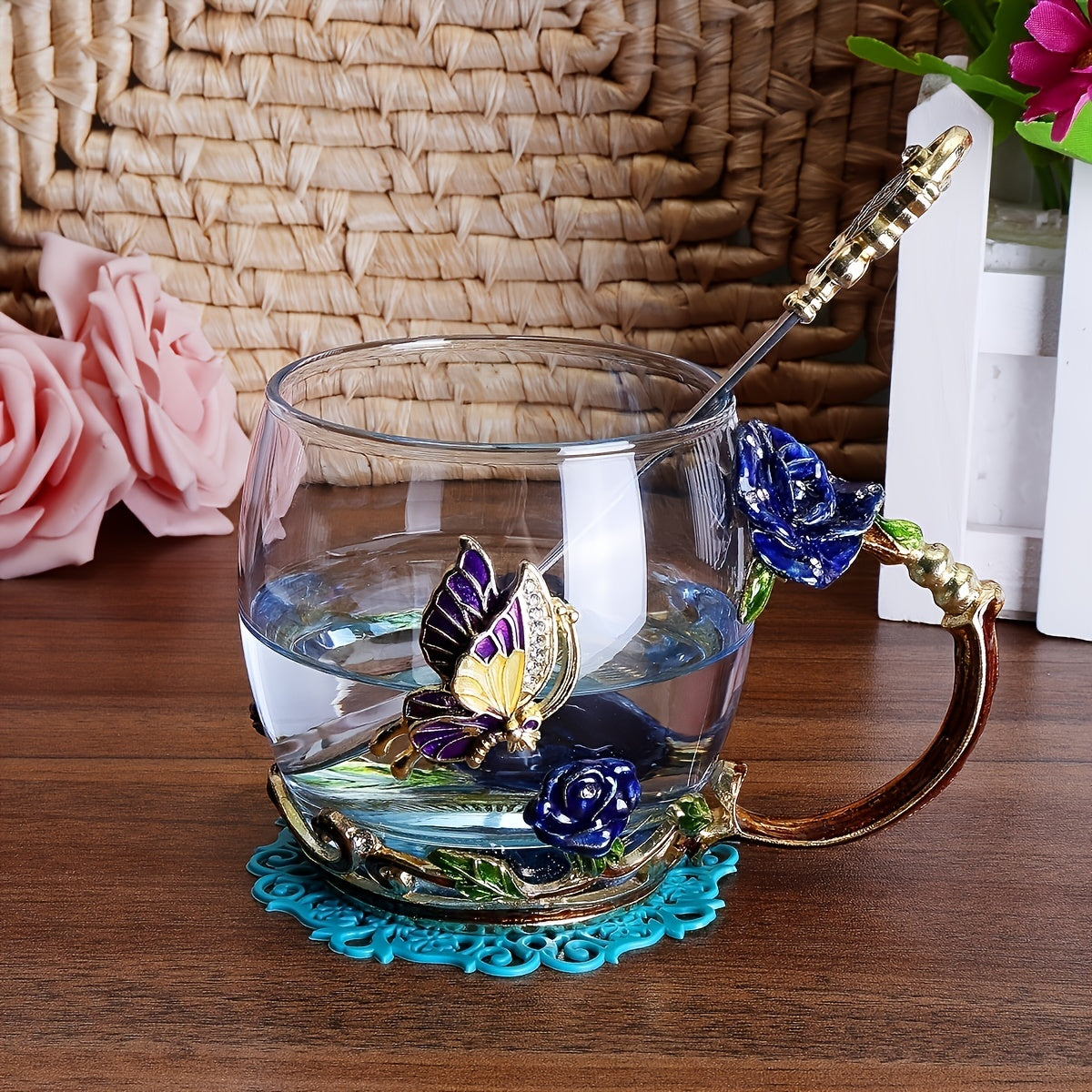 Enamel Crystal Tea Cup with Butterfly and Rose Design Includes Spoon Clear Glass