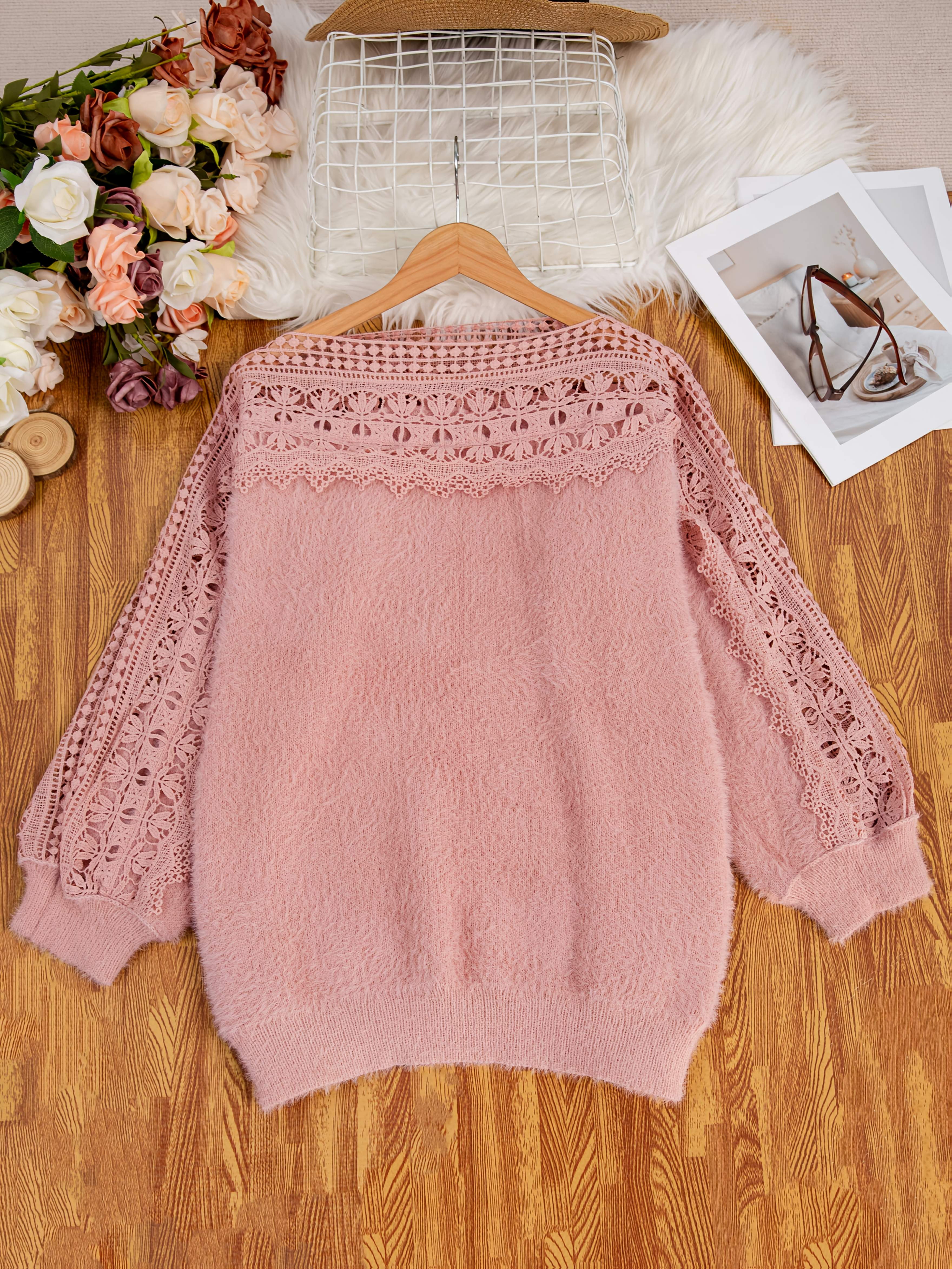 Plus Size Women's Lace Trim Sweater Long Sleeve Pullover Spring Fall Casual
