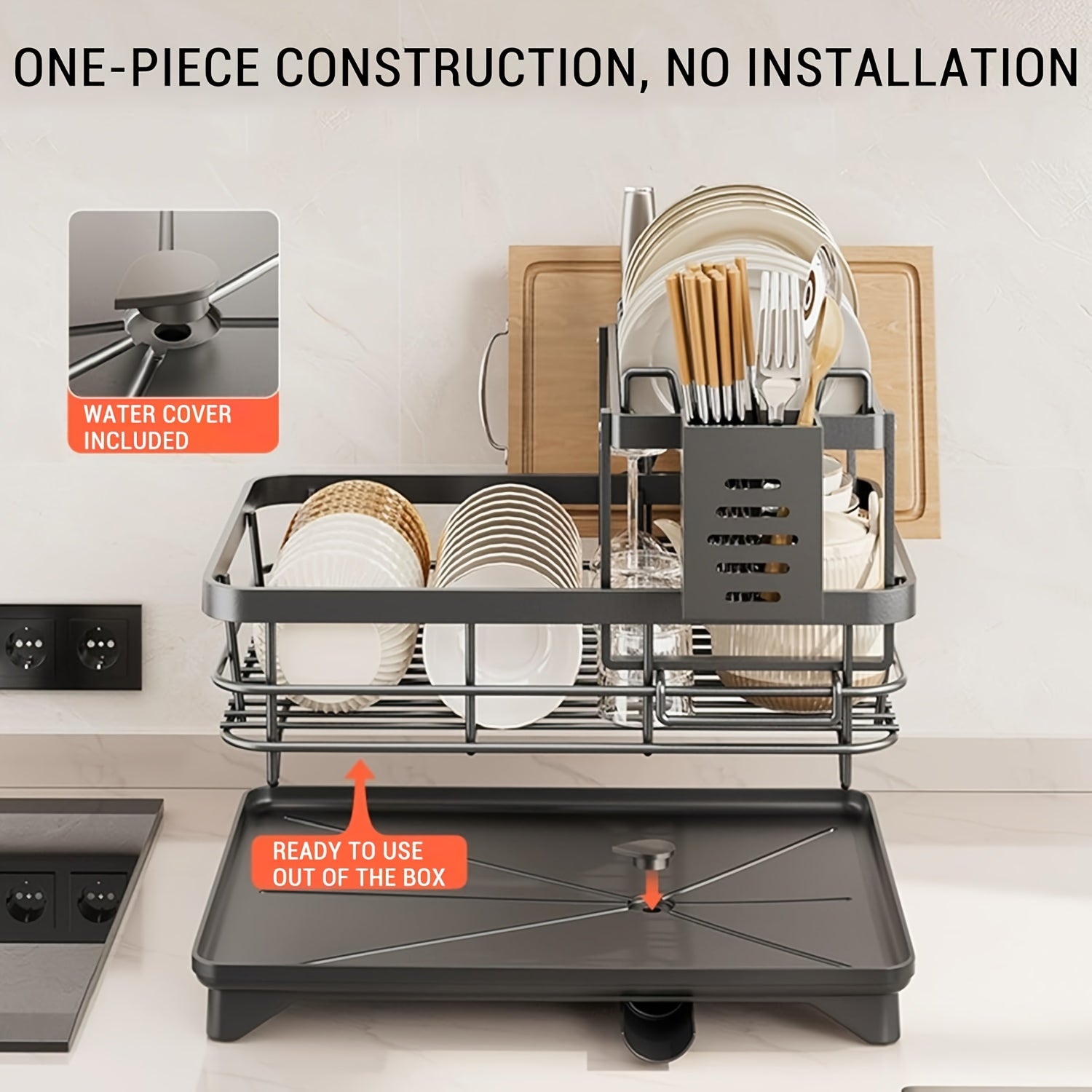 Black Iron 2-Tier Kitchen Dish Rack with Drainboard Utensil Holder and Foldable Design