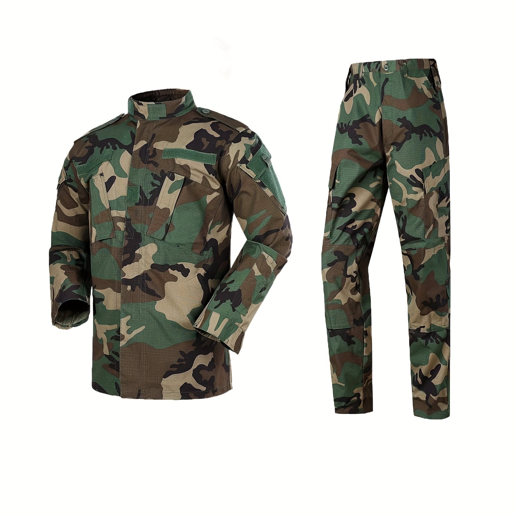 Conjunto de traje de entrenamiento con camuflaje de segunda generación, poliéster, chaqueta resistente con cremallera y pantalones cargo para actividades al aire libre