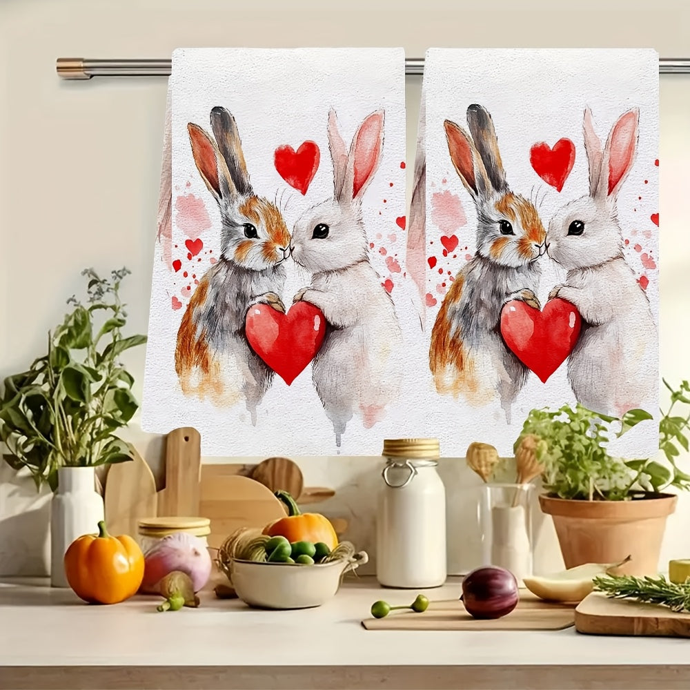 Valentine's Day Kitchen Towels Set 2 Ultra Soft Absorbent Bunny Heart Design