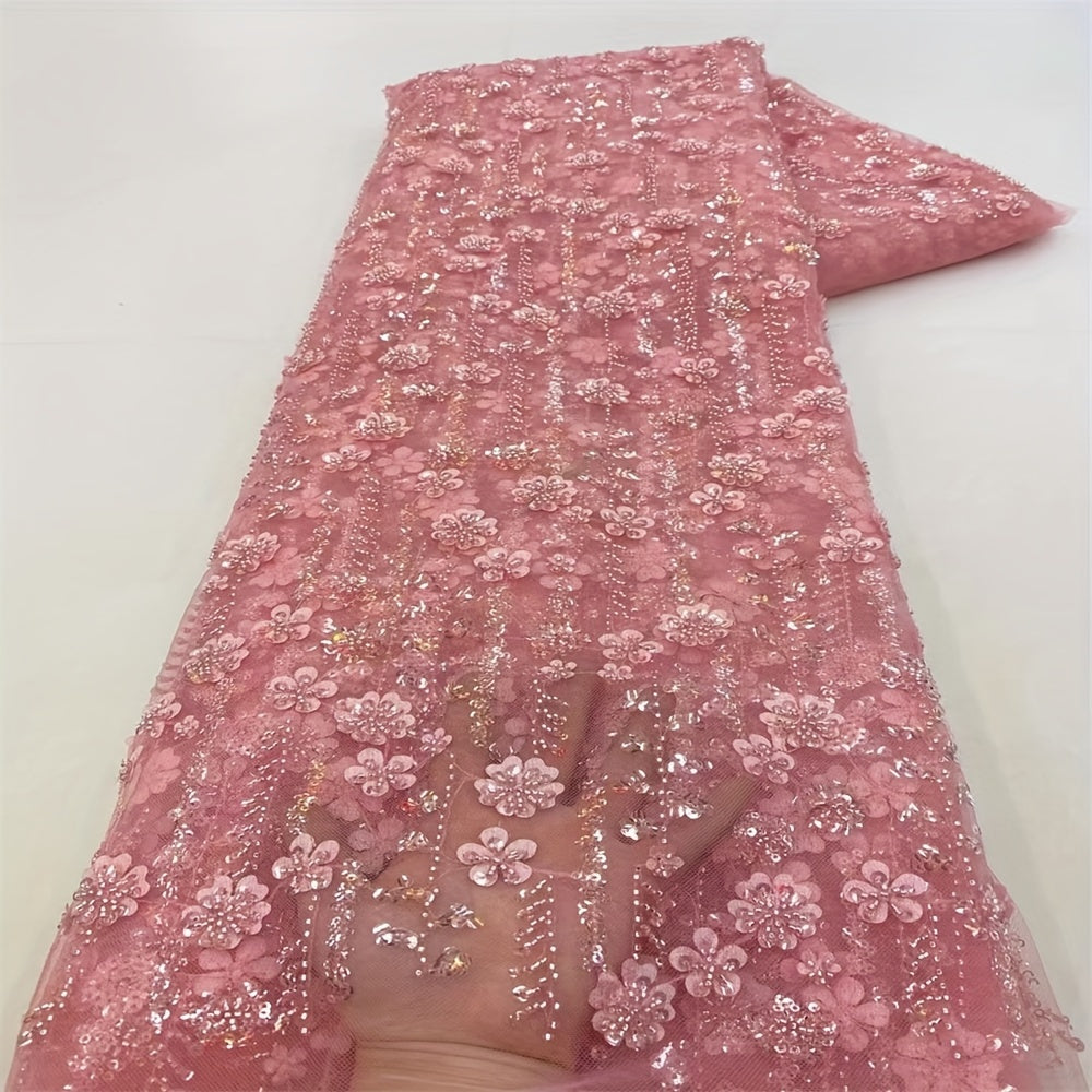 French Net Lace Fabric 2.5 Yards Beaded Wedding Bridal Peach Cotton Polyester