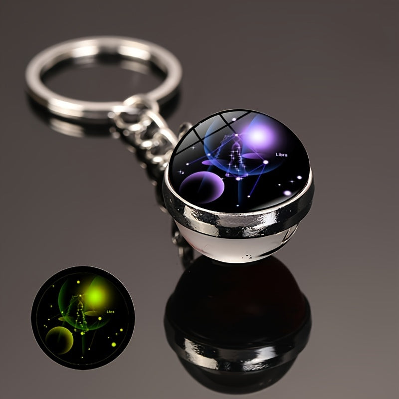Starry Night Zodiac Keychain Double-Sided Glass Ball Glow-in-Dark Car Accessory