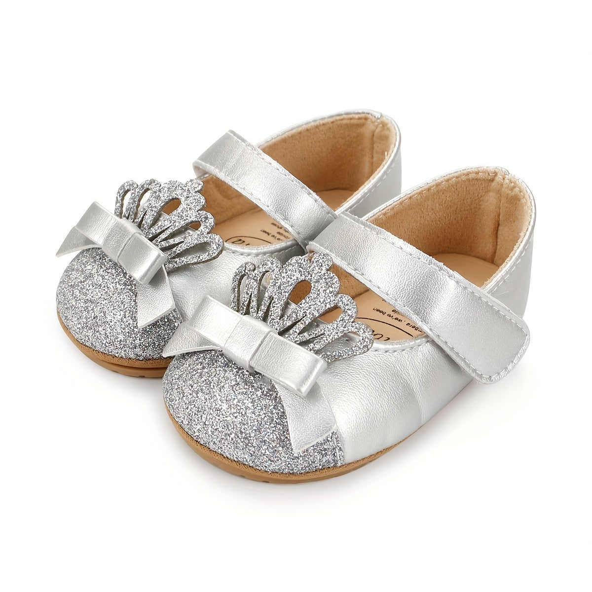 Baby Girl Sequin Crown Shoes with Flexible Rubber Sole and Hook-and-Loop Closure