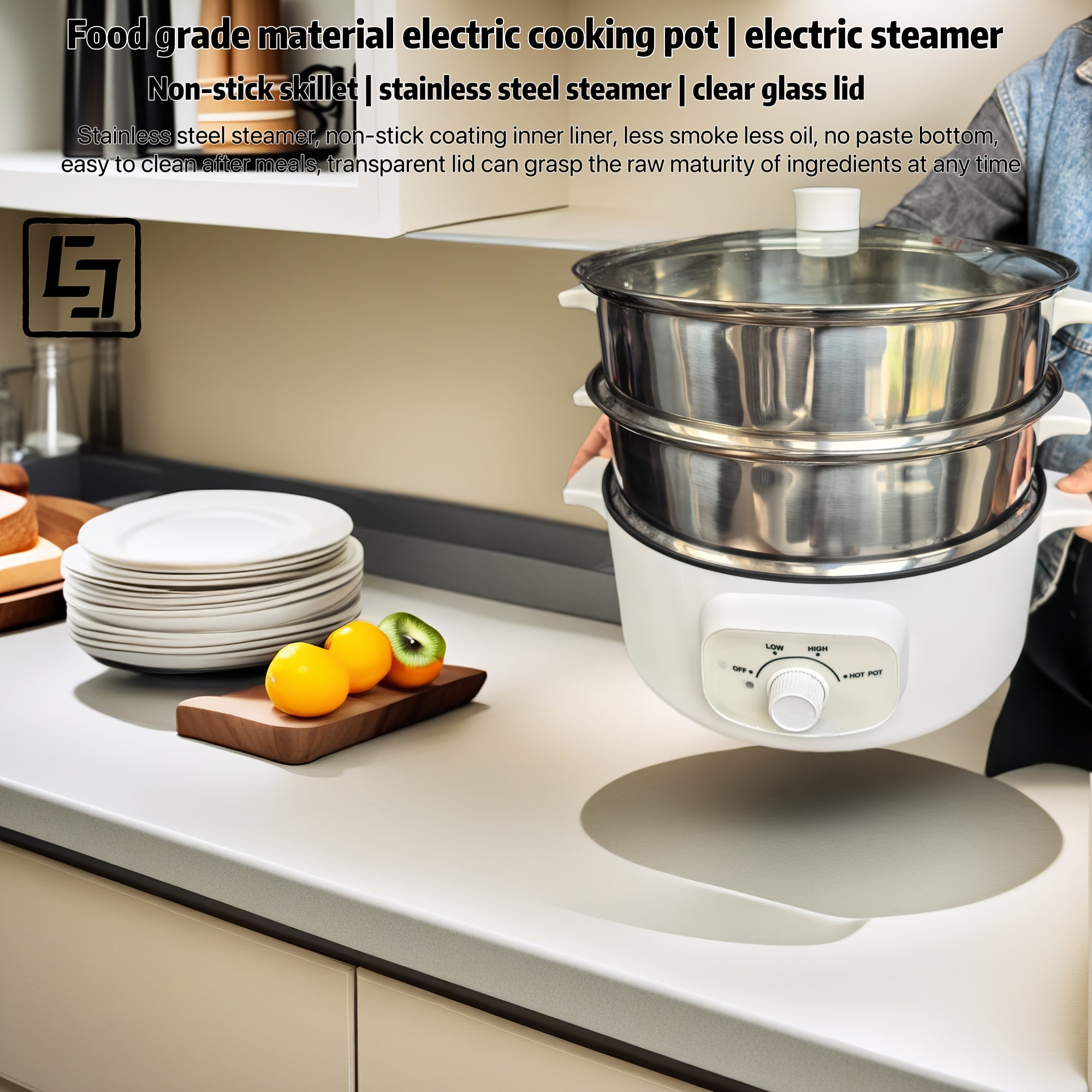 Cocina eléctrica de tres capas de 32cm con cestas de vapor de acero inoxidable para hogar, autocaravana u oficina