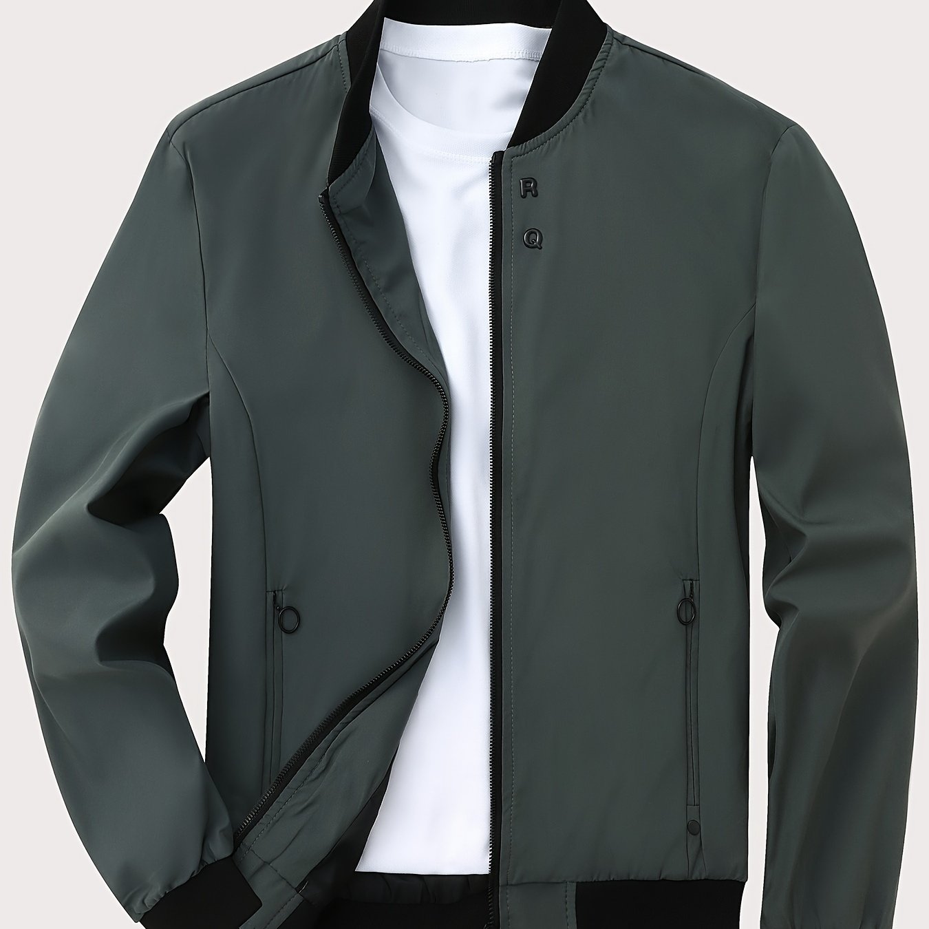 Men's Solid Color Polyester Zipper Jacket with Stand Collar Long Sleeves Casual All-Season