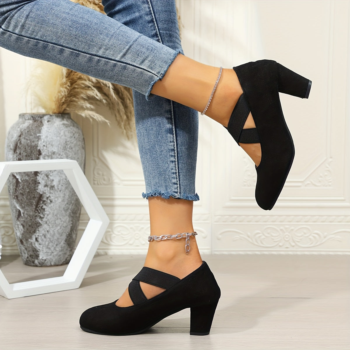 Women's Chunky Heel Pumps with Elastic Band Round Toe Solid Color