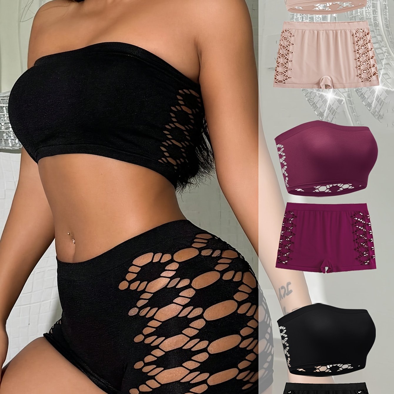 Women’s Hollowed-Out Lace Bra and Panty Set in Black