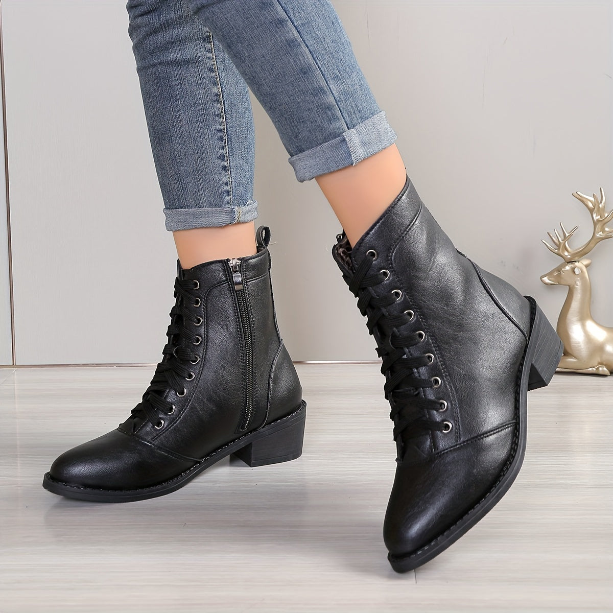 Women's Velvet Lined Mid-Heel Combat Boots with Side Zip and Chunky Heel