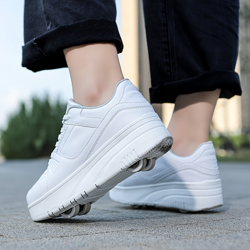 Kids Unisex Skateboard Shoes with Removable Roller Skates Plaid Fabric Low Top Sneakers for Boys and Girls Ages 14 and Under