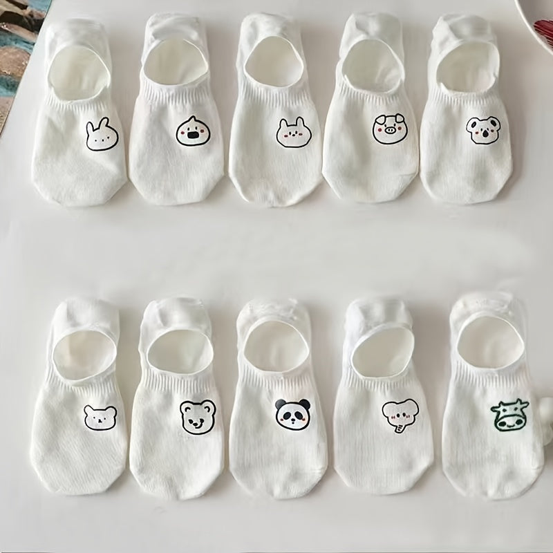 Women's Low-Cut Invisible Socks Set of 10 with Cartoon Designs Non-Slip Short Socks