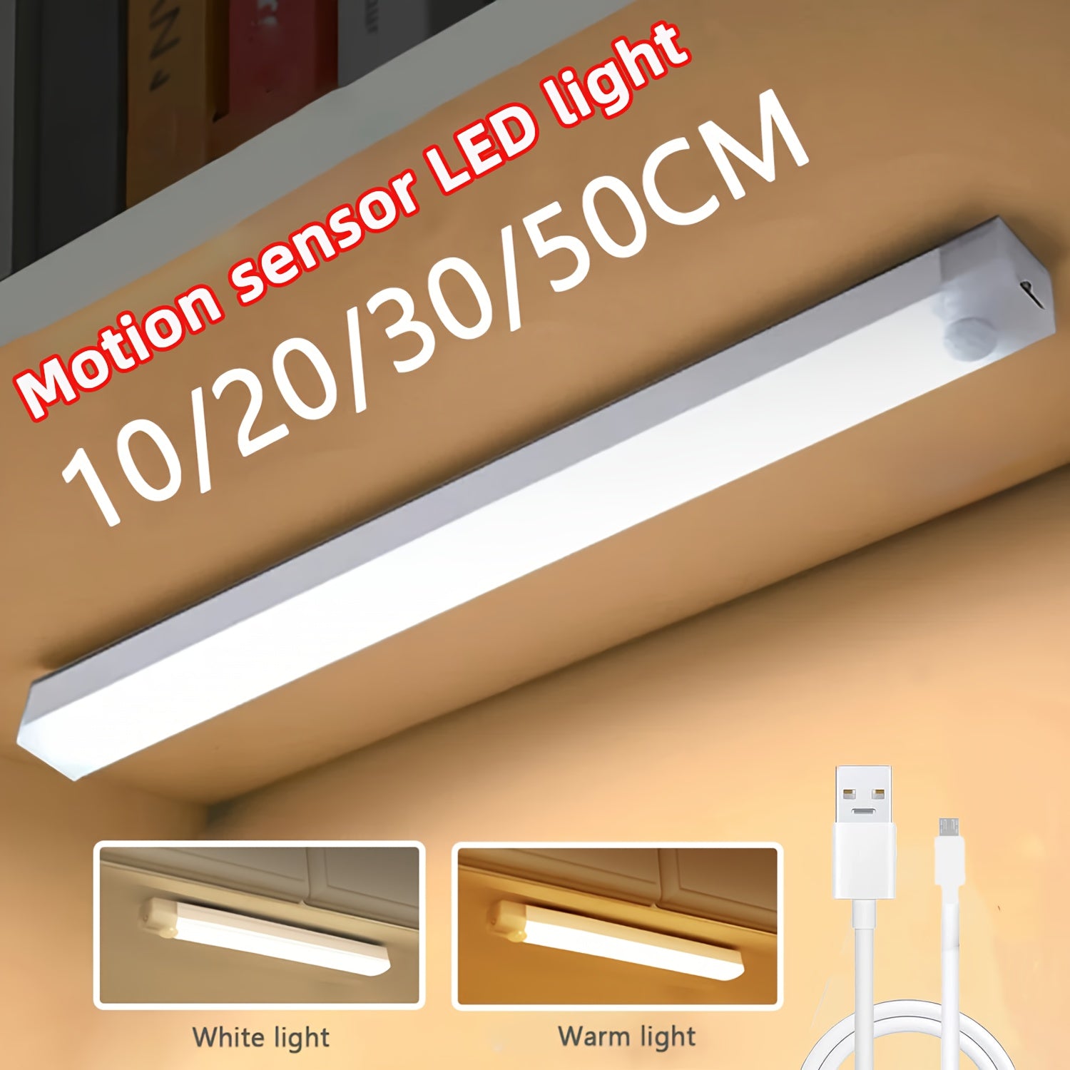 LED Cabinet Light with Motion Sensor USB Rechargeable White Warm White 10-50cm