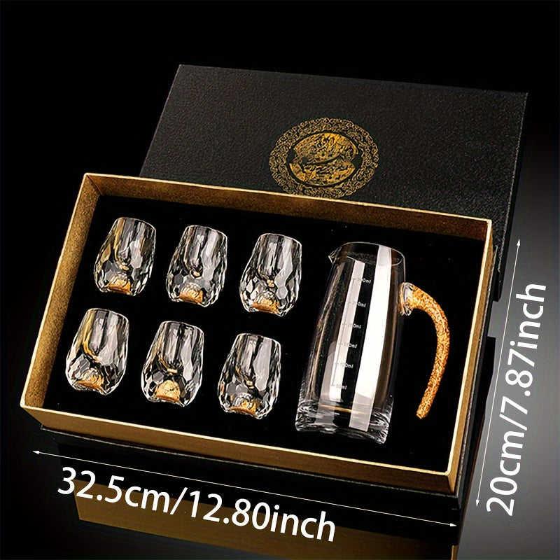 Crystal Whiskey Glass Set with Gold Foil Accents, 6 Glasses and Decanter