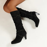 Women's Embellished Knee-High Fabric Boots with Block Heel Zipper Closure
