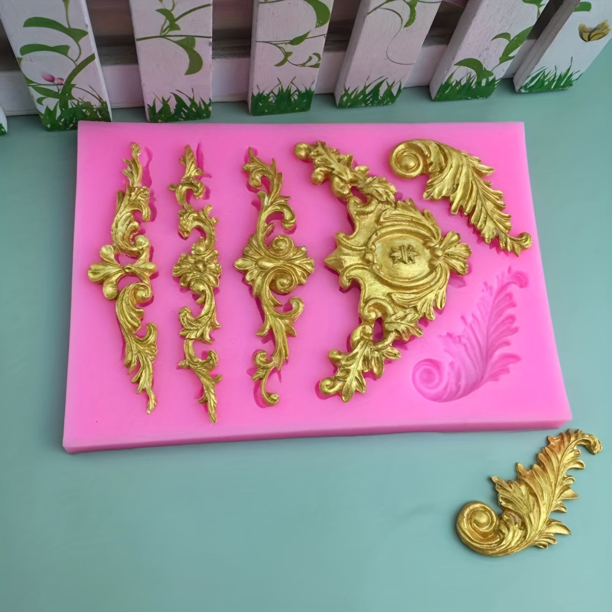 3D Baroque Curlicue Fondant Silicone Mold for Cakes and Cupcakes with Sculpted Flowers and Scrolls
