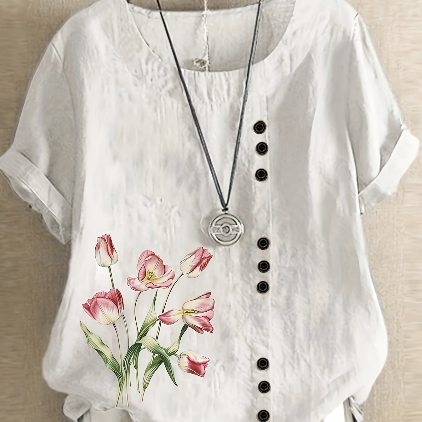 Plus Size Linen Printed Short Sleeve Shirt for Women Casual Loose Fit