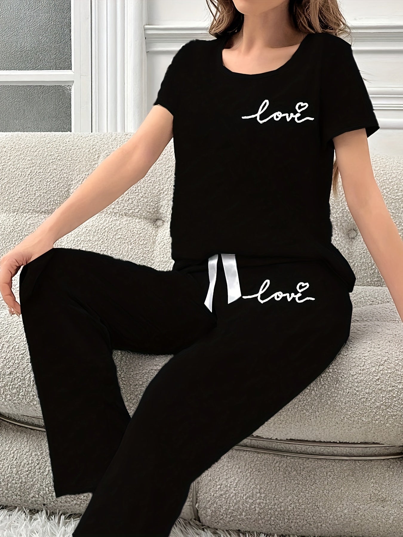 Women's Lounge Set Short Sleeve Letter Print Knit Pajama Casual All-Season