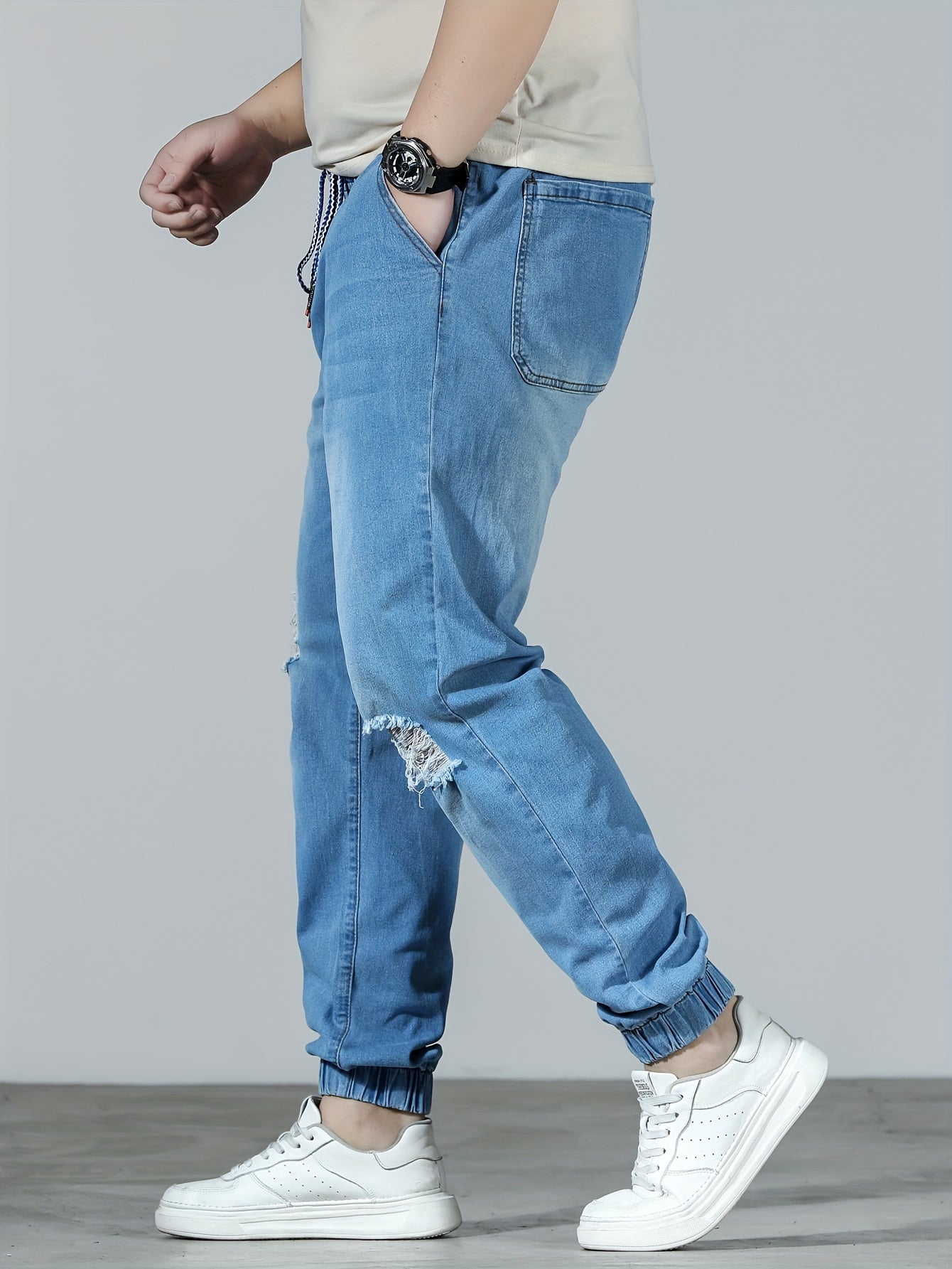 Plus Size Men's Distressed Ripped Denim Joggers Cotton Blend All-Season Casual