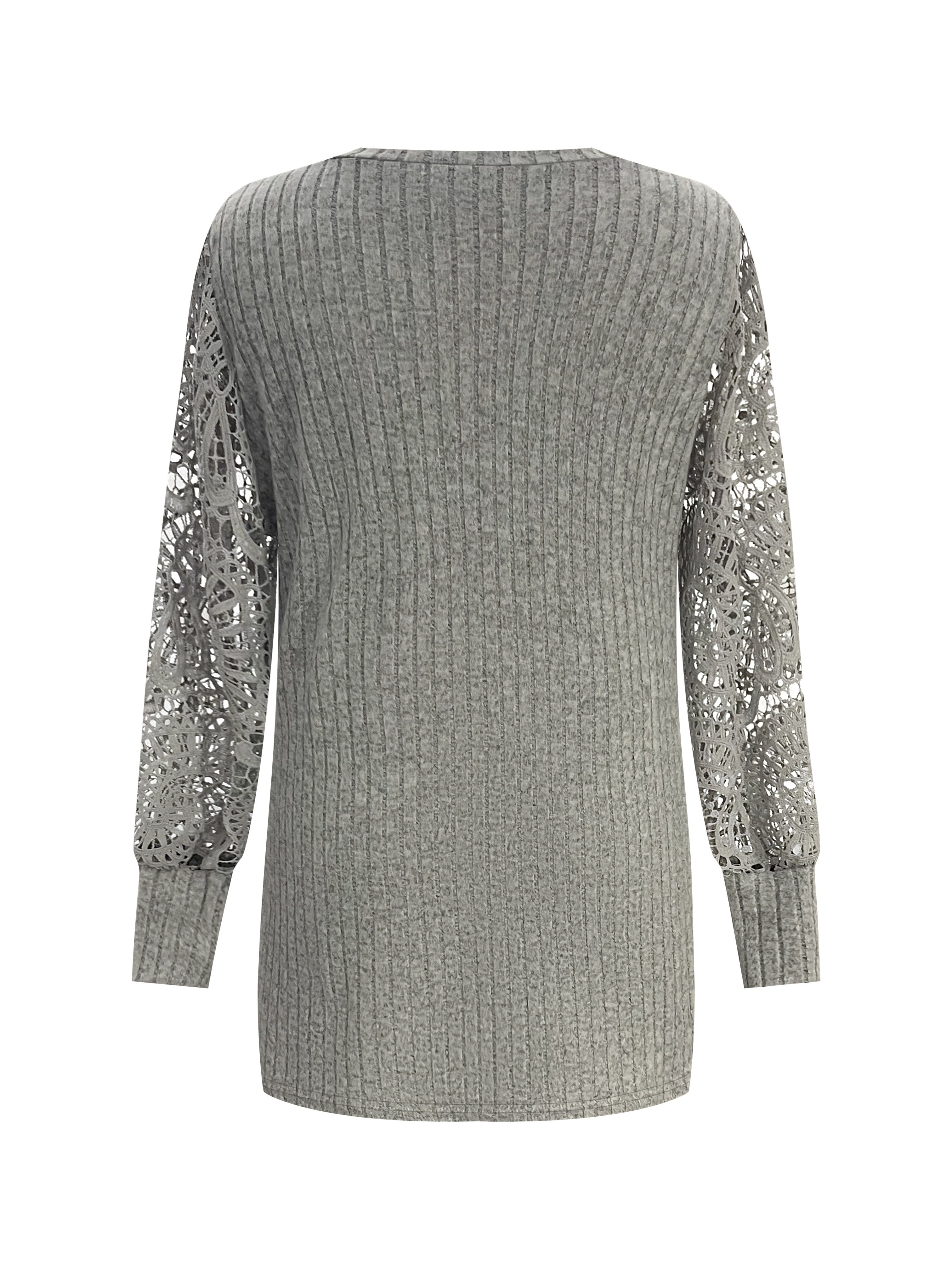 Women's V-Neck Long Sleeve Blouse with Lace Accents, Solid Color, Breathable