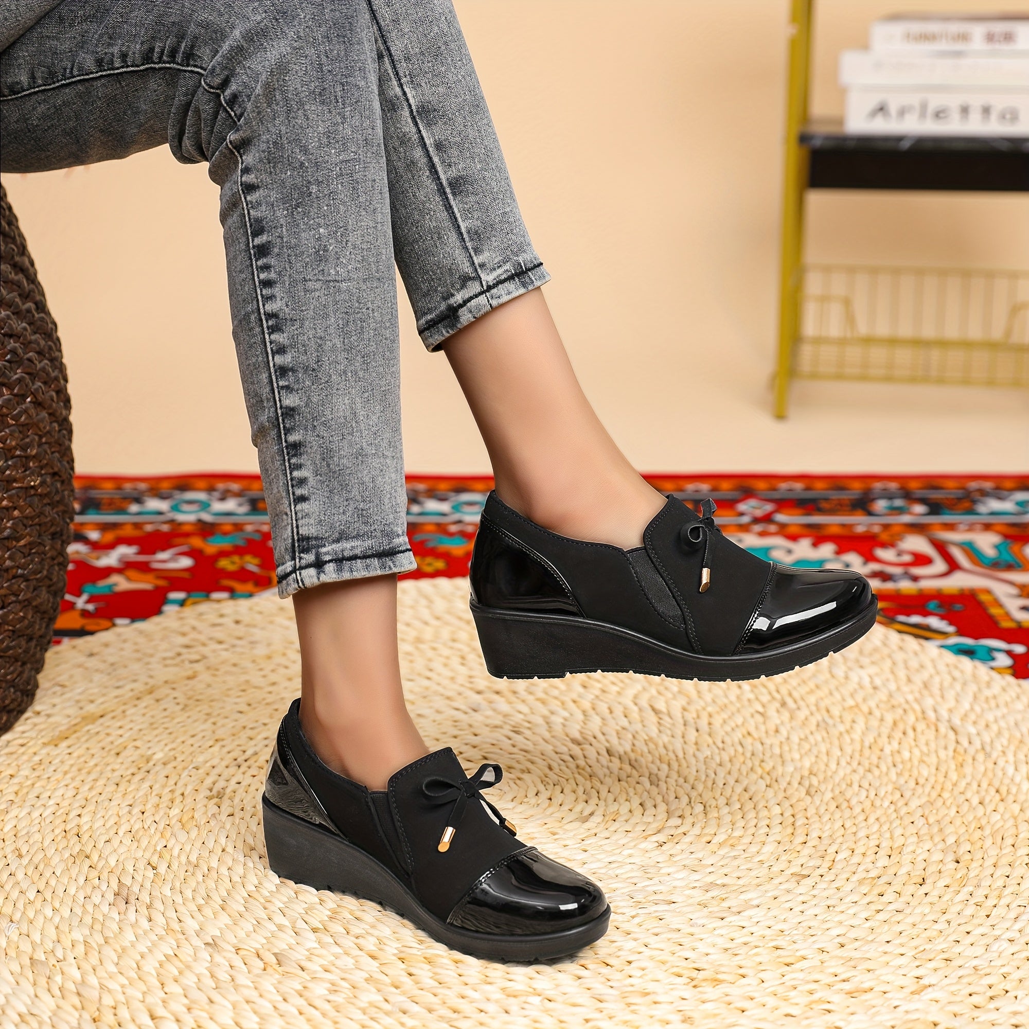 Women's Slip-On Loafers Black Synthetic Casual Shoes All-Season Comfort