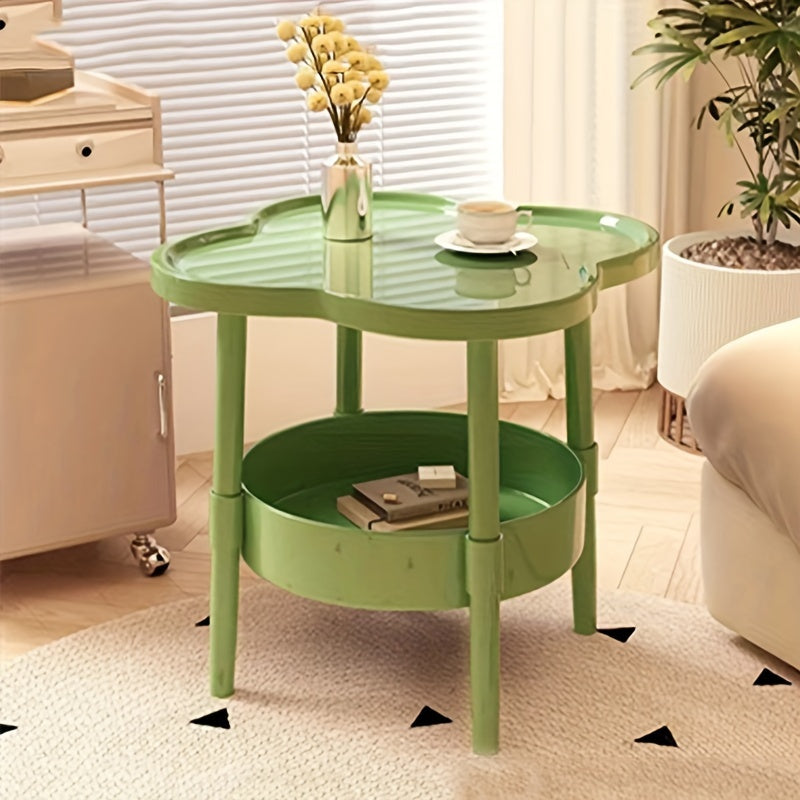 White Mid-Century Modern Coffee Table with Lower Shelf and Flower Nightstand