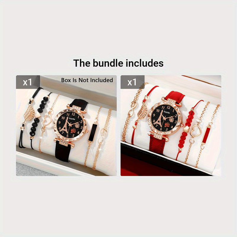 Six Pieces Women's Quartz Watches with PU Leather Wristbands Alloy Pointers Jewelry Gift Set
