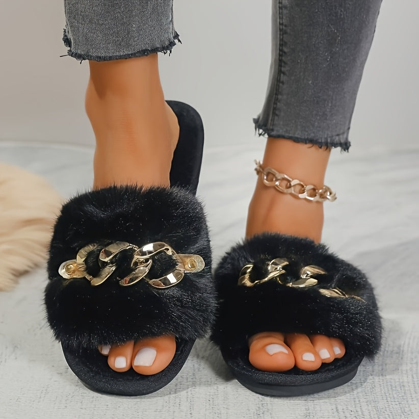 Women’s Faux Fur Slip-On Slides with Chain Link Detail and TPR Sole